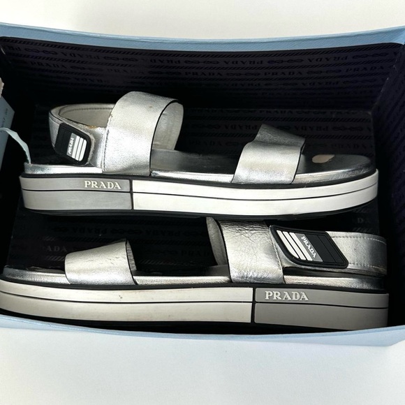 PRADA SPORTY METALLIC SILVER OPEN TOE SANDALS LUXURY PLATFORM SHOE 39, US 8.5 - Picture 9 of 12